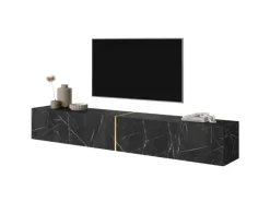 Selsey TV-Hängeboard Bisira 200 cm Schwarze Marmoroptik mit Goldenem Einsatz
