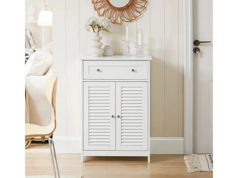 SoBuy Badezimmerschrank Sideboard mit Schublade und Lamellentüren 60x87x35cm Weiß FRG238-W