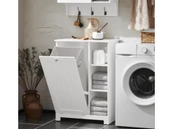 SoBuy Badschrank mit ausklappbarem Wäschesack Holz Weiß BZR105-W