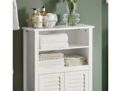 SoBuy Badschrank Sideboard mit 2 Ablagen und Lamellentüren 60x90x26cm Weiß BZR13-W