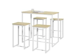 SoBuy Bartisch Set 5-teilig Essgruppe Esstisch mit 4 Hockern Weiß-Natur OGT15-WN