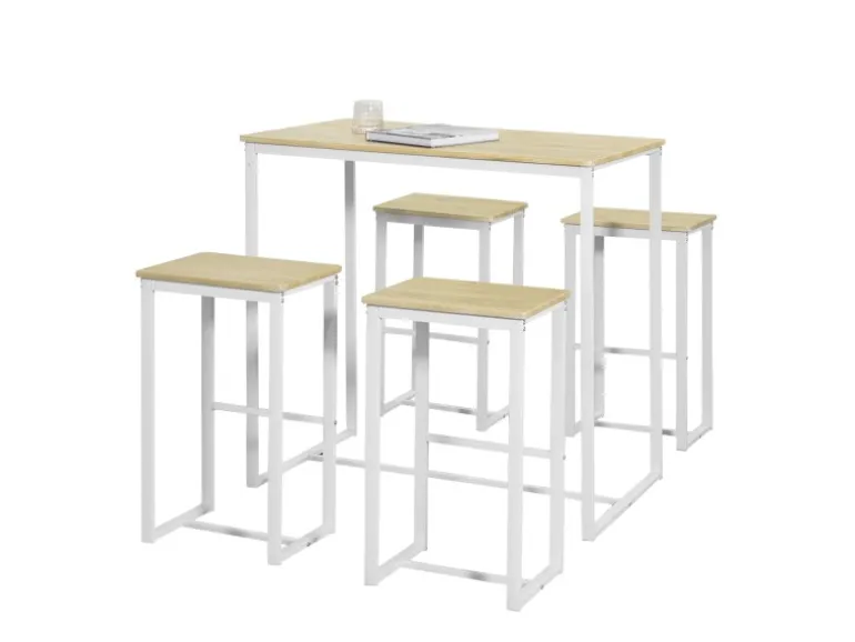 SoBuy Bartisch Set 5-teilig Essgruppe Esstisch mit 4 Hockern Weiß-Natur OGT15-WN