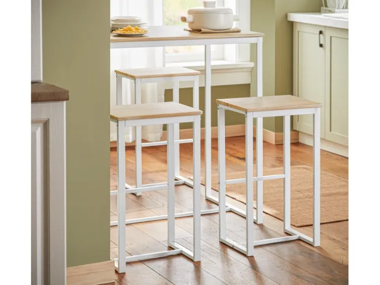 SoBuy Bartisch Set 5-teilig Essgruppe Esstisch mit 4 Hockern Weiß-Natur OGT15-WN