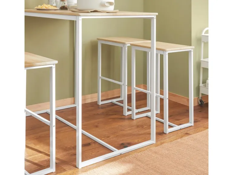 SoBuy Bartisch Set 5-teilig Essgruppe Esstisch mit 4 Hockern Weiß-Natur OGT15-WN