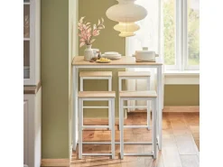 SoBuy Bartisch Set 5-teilig Essgruppe Esstisch mit 4 Hockern Weiß-Natur OGT15-WN