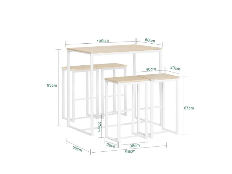 SoBuy Bartisch Set 5-teilig Essgruppe Esstisch mit 4 Hockern Weiß-Natur OGT15-WN