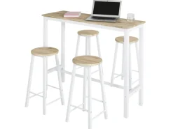 SoBuy Bartisch Set 5-teilig Essgruppe Esstisch mit 4 Hockern Weiß-Natur OGT22-WN
