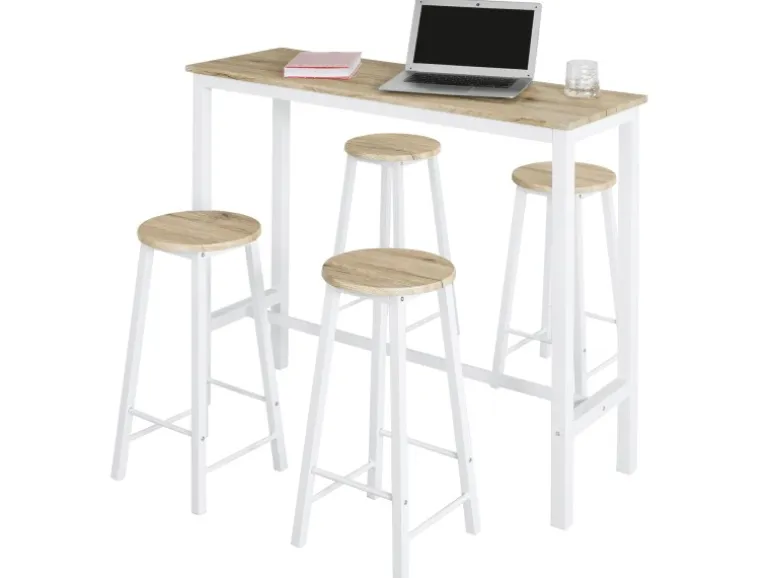 SoBuy Bartisch Set 5-teilig Essgruppe Esstisch mit 4 Hockern Weiß-Natur OGT22-WN