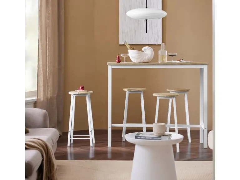 SoBuy Bartisch Set 5-teilig Essgruppe Esstisch mit 4 Hockern Weiß-Natur OGT22-WN