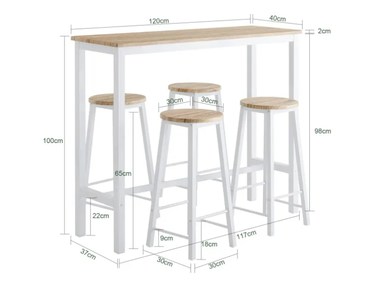 SoBuy Bartisch Set 5-teilig Essgruppe Esstisch mit 4 Hockern Weiß-Natur OGT22-WN