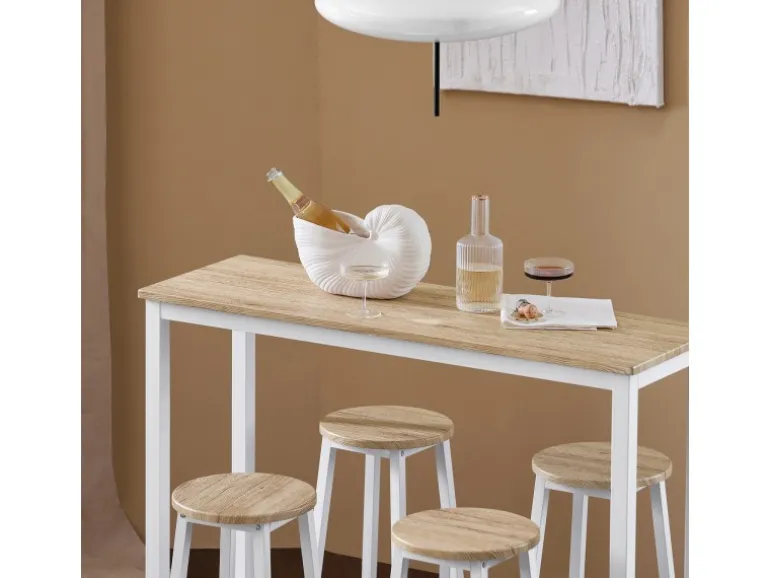 SoBuy Bartisch Set 5-teilig Essgruppe Esstisch mit 4 Hockern Weiß-Natur OGT22-WN
