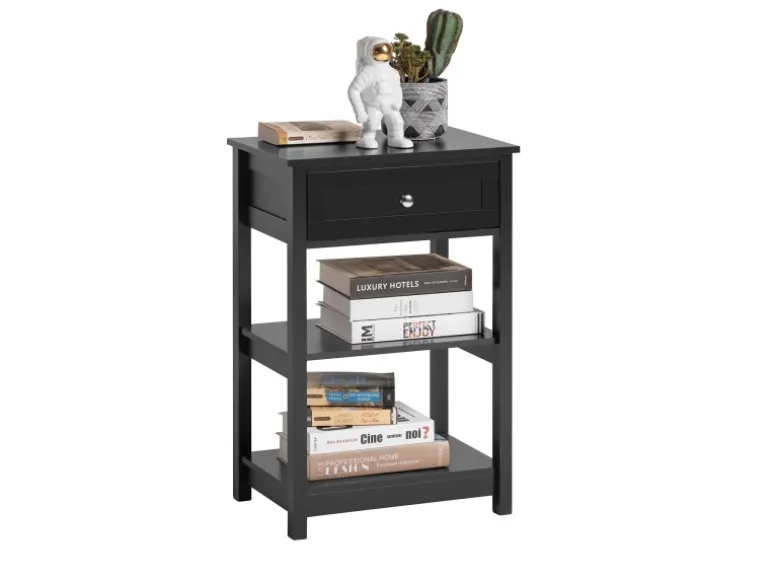 SoBuy Beistelltisch Nachttisch mit Schublade und 2 Ablagen 45x68x30cm Schwarz FBT46-SCH