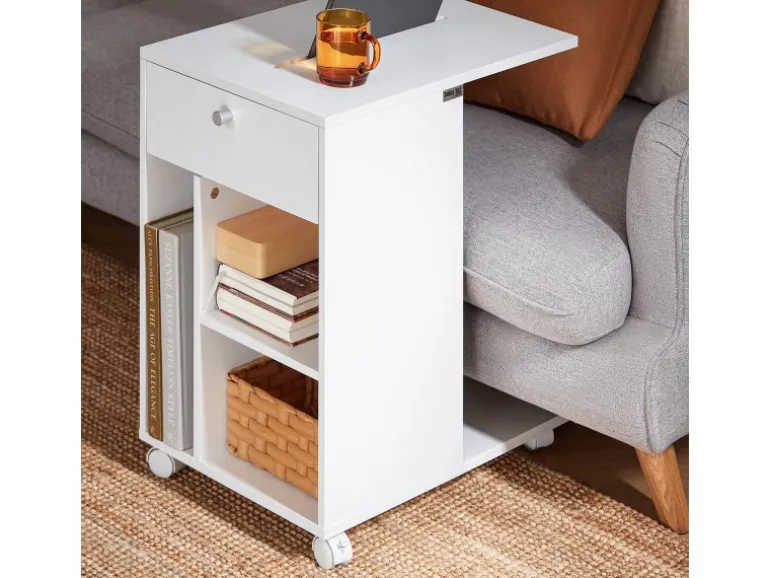 SoBuy Couchtisch mit Tablet Schiene Beistelltisch mit Rollen Weiß FBT148-W