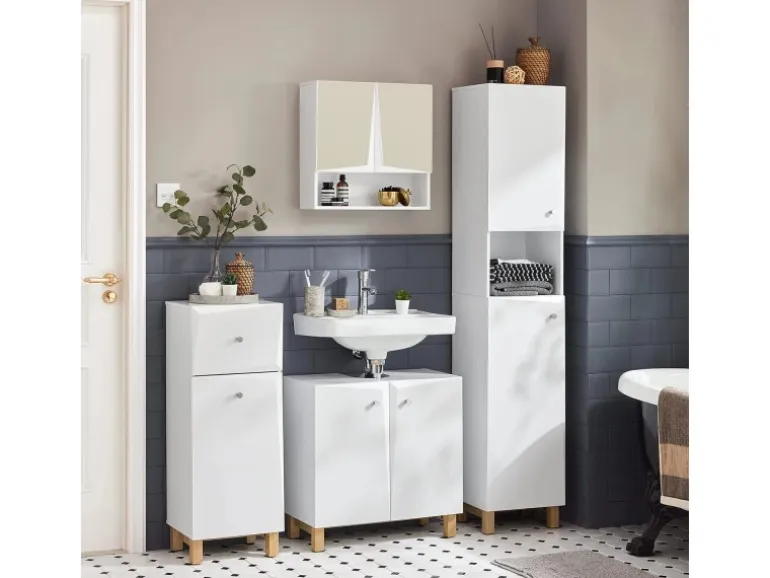 SoBuy Hochschrank Badregal Badezimmerschrank Badezimmermöbel Weiß BZR91-W