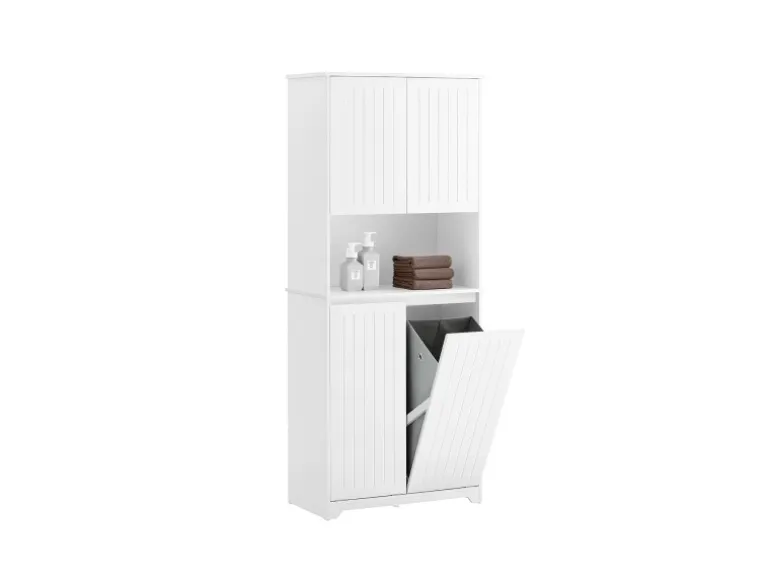 SoBuy Hochschrank Badschrank mit Wäschesack Wäscheschrank Weiß BZR150-W