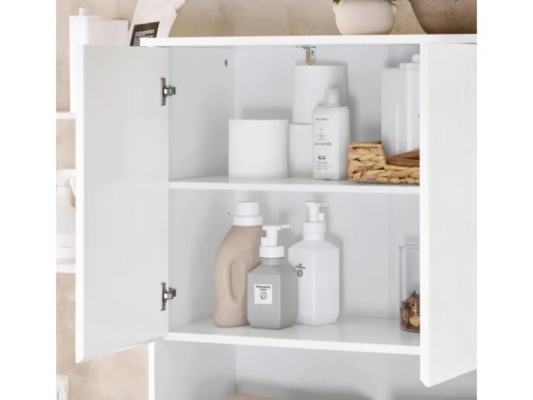 SoBuy Hochschrank Badschrank mit Wäschesack Wäscheschrank Weiß BZR150-W