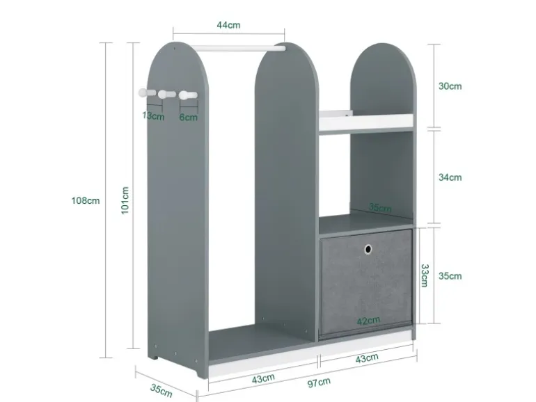 SoBuy Kinderkleiderschrank mit 3 Haken Kleiderständer mit Box Grau KMB40-HG