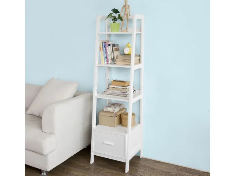 SoBuy Leiterregal mit Ablagen und Schublade MDF Weiß FRG116-K-W