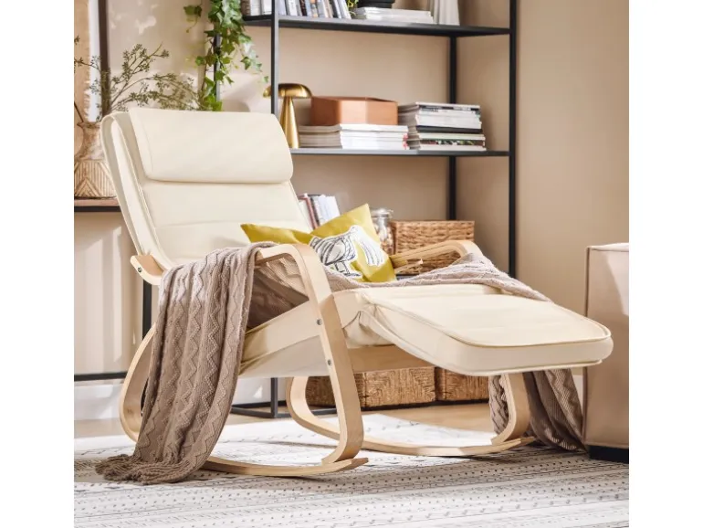 SoBuy Schaukelstuhl Schaukelsessel mit Verstellbarer Fußstütze Beige FST16-W