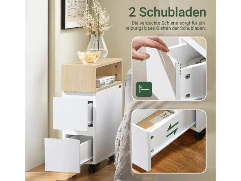 SoBuy Schmaler Beistelltisch mit 2 Schubladen Nachttisch mit Rollen FBT155-WN
