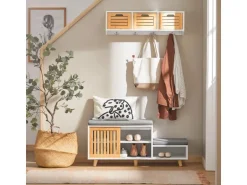 SoBuy Schuhbank mit 2 Sitzflächen und 1 Schiebetür MDF Bambus Weiß FSR125-WN