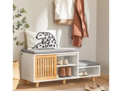 SoBuy Schuhbank mit 2 Sitzflächen und 1 Schiebetür MDF Bambus Weiß FSR125-WN