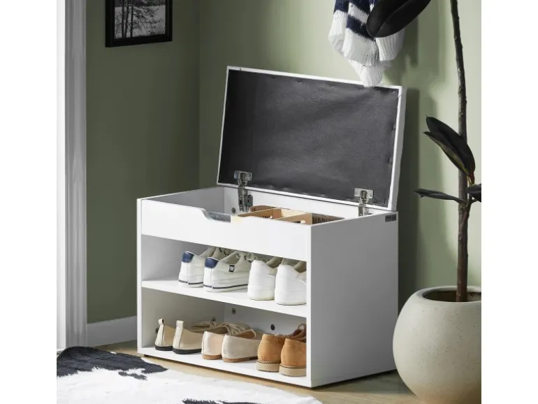 SoBuy Schuhbank mit Sitzfläche Sitzbank Schuhregal aus MDF 60x44x30cm Weiß FSR25-W