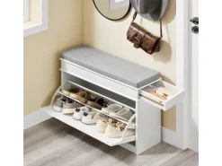 SoBuy Schuhbank mit Sitzkissen Schuhregal Schmal Sitzbank für Flur Weiß 75x51x24cm FSR82-L-WG