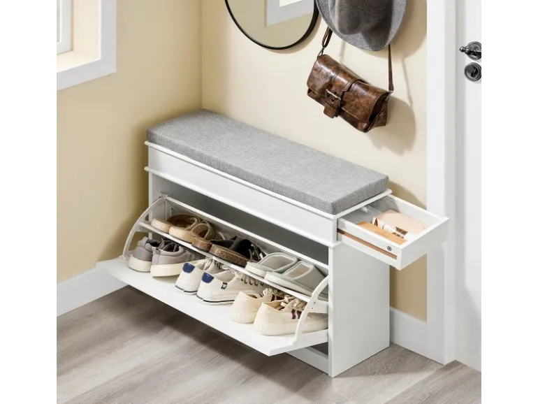 SoBuy Schuhbank mit Sitzkissen Schuhregal Schmal Sitzbank für Flur Weiß 75x51x24cm FSR82-L-WG