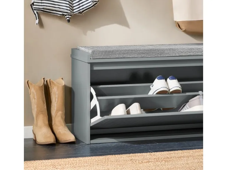 SoBuy Schuhbank Schmal mit Klappe Garderobenbank mit Sitzkissen Grau FSR98-L-HG