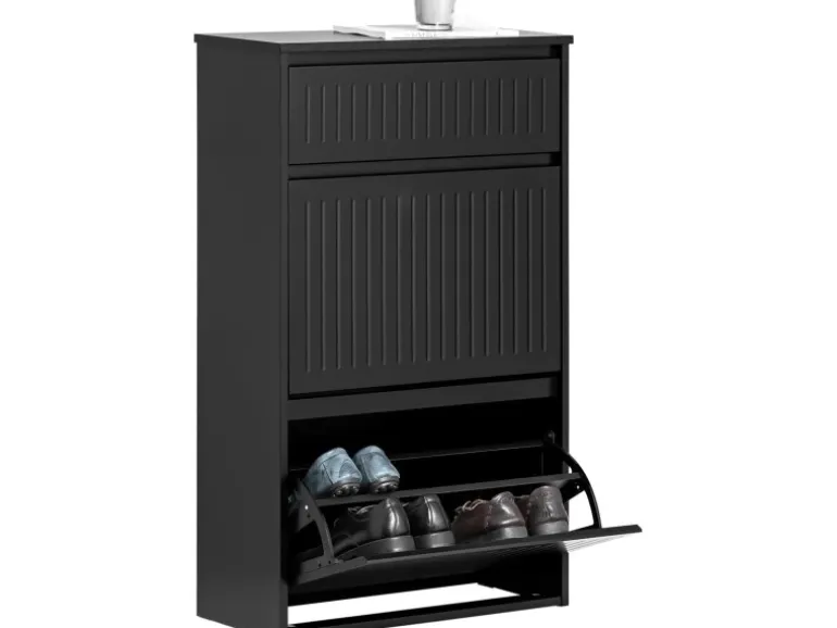 SoBuy Schuhschrank mit 2 Klappen und 1 Schublade Schuhkommode 61x100x26cm Schwarz FSR165-SCH
