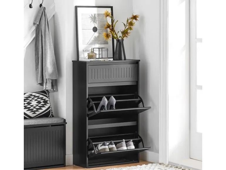 SoBuy Schuhschrank mit 2 Klappen und 1 Schublade Schuhkommode 61x100x26cm Schwarz FSR165-SCH