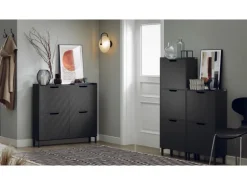 SoBuy Schuhschrank Schmal mit 4 Klappen Schuhkommode 100x91x19cm Schwarz FSR100-SCH