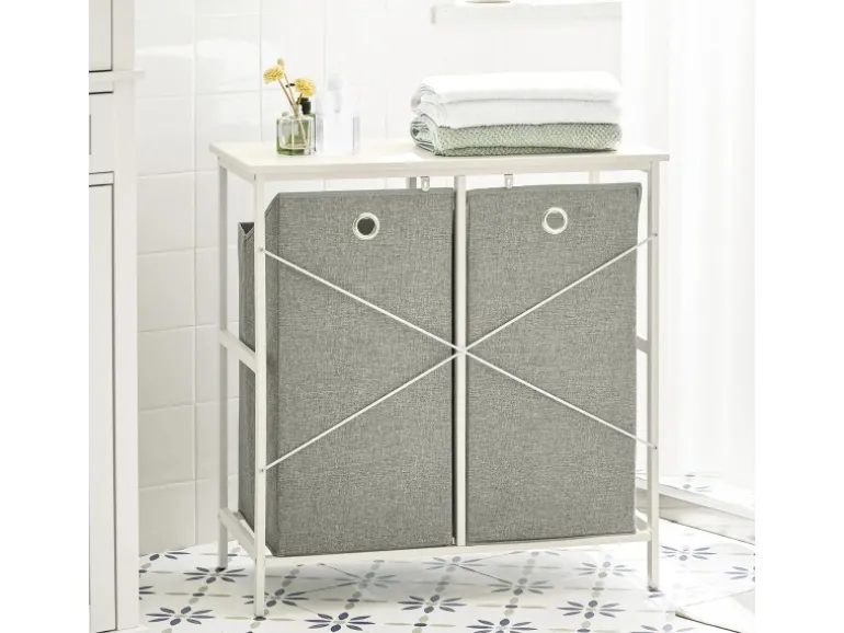 SoBuy Wäscheschrank mit 2 abnehmbaren Wäschesäcken Metall Vlies Grau BZR57-W
