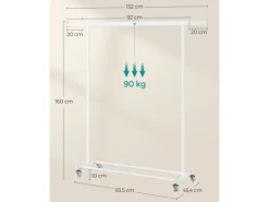 Songmics Kleiderständer mit Rollen 45,4 cm x 132 cm x 160 cm Weiß
