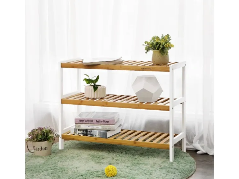 Songmics Schuhregal Bambus 26 cm x 70 cm x 55 cm Weiß-Naturfarben