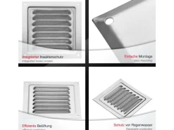 SOTECH Aluminium-Lüftungsgitter 125 x 125 mm Edelstahloptik Aufschraubbar mit Insektenschutz