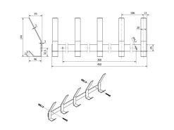 SOTECH Blackline ALBA Hakenleiste Groß 450 mm mit 5 Haken Schwarz Pulverbeschichtet
