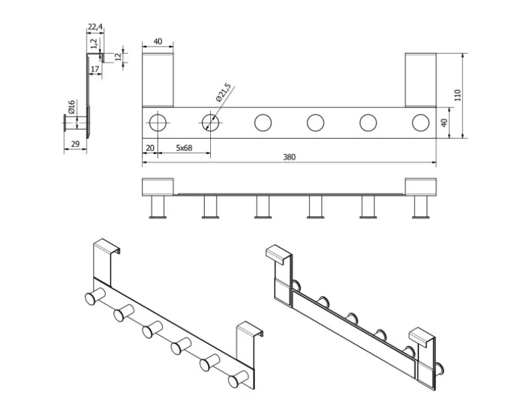 SOTECH Türgarderobe LINEA I Edelstahl Schwarz Matt mit 6 Haken für Türen mit Falz max. 16 mm