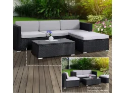 Svita California Garten-Lounge Set Mit Haube Polyrattan Gartenset Balkon-Set Rattan-Lounge Schwarz