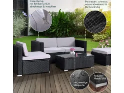 Svita California Garten-Lounge Set Mit Haube Polyrattan Gartenset Balkon-Set Rattan-Lounge Schwarz