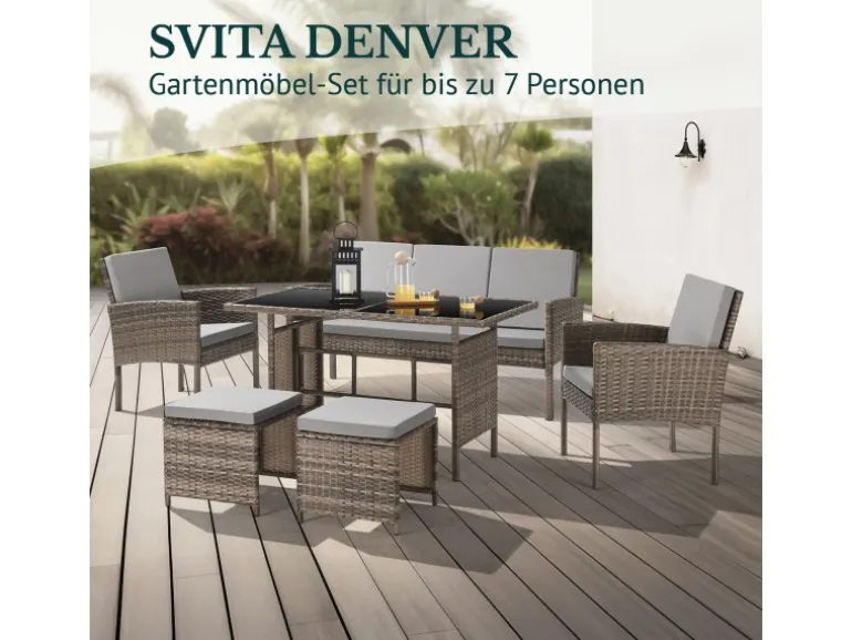 Svita Denver Polyrattan Gartenmöbel Set Essgruppe Lounge Esstisch Braun