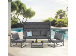 Svita Maui Gartenmöbel-Lounge-Set Mit Dach Outdoor-Sofa Strandkorb-Sonneninsel Stahl Grau