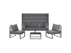 Svita Maui Gartenmöbel-Lounge-Set Mit Dach Outdoor-Sofa Strandkorb-Sonneninsel Stahl Grau