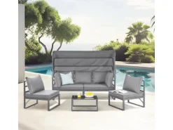 Svita Maui Gartenmöbel-Lounge-Set Mit Dach Outdoor-Sofa Strandkorb-Sonneninsel Stahl Hellgrau