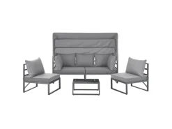 Svita Maui Gartenmöbel-Lounge-Set Mit Dach Outdoor-Sofa Strandkorb-Sonneninsel Stahl Hellgrau