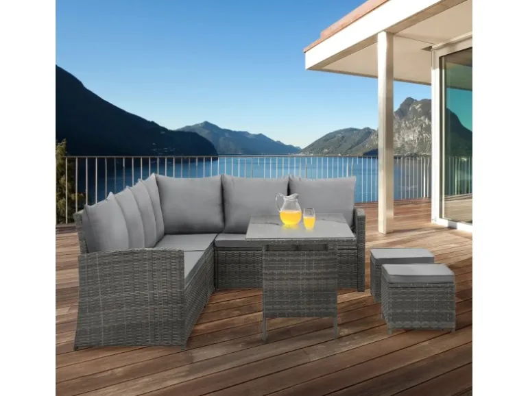 Svita Monroe Garten-Lounge Set Abdeckhaube Polyrattan Lounge-Möbel Sitzgruppe Grau