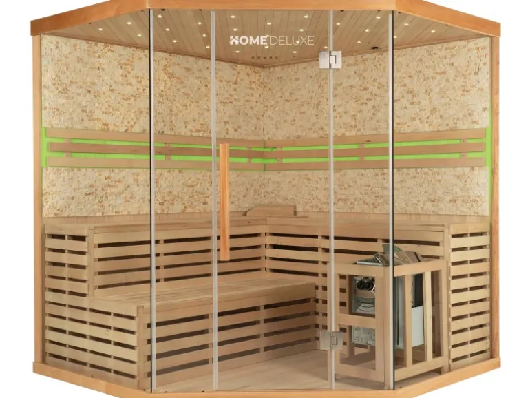 Traditionelle Sauna SKYLINE BIG Tannenholz Natur XL mit Kunststeinwand