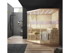 Traditionelle Sauna SKYLINE BIG Tannenholz Natur XL mit Kunststeinwand