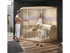 Traditionelle Sauna SKYLINE BIG Tannenholz Natur XL mit Kunststeinwand